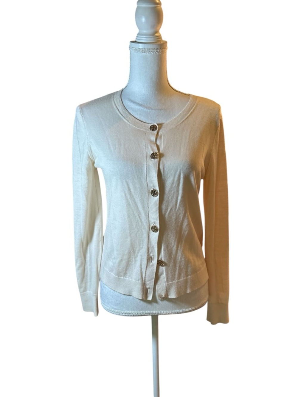 Tory Burch Soft Cream Button Cardigan with Decorative Buttons